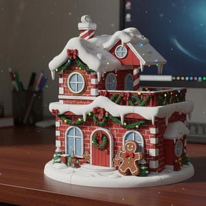 May include: A decorative Christmas house figurine with red brick walls, a snow-covered roof, and festive garlands. Includes a gingerbread man, wreath, and miniature Christmas trees. The house has multiple windows and a chimney.