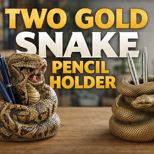 May include: Two snake-shaped pencil holders. The left holder is brown with dark patterns and an open mouth. The right holder is metallic gold with a coiled body. Both contain various pens and pencils. Text reads: TWO GOLD SNAKE PENCIL HOLDER.