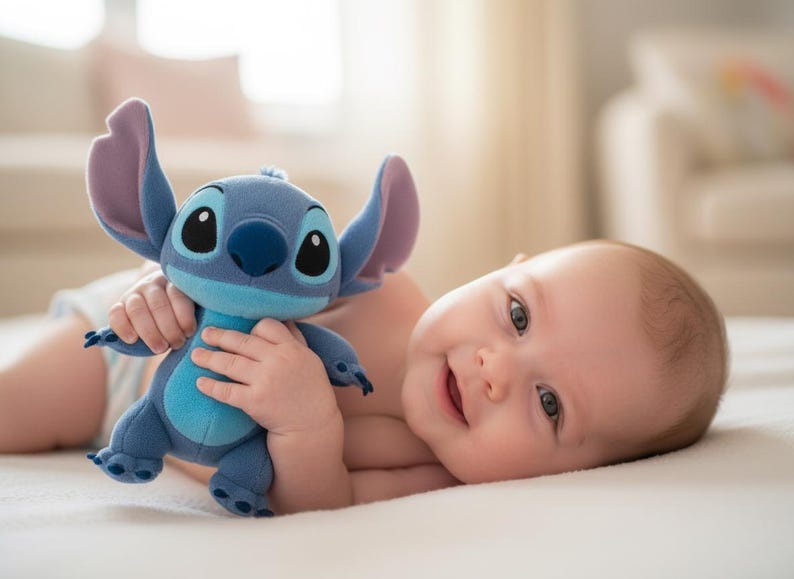 May include: A plush blue Stitch doll with large ears and big eyes is held by a baby. The baby is smiling and looking at the camera. The doll is a popular character from the Disney movie Lilo & Stitch.