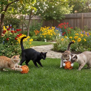 Puede incluir: Cuatro gatos jugando en un jardín verde con flores coloridas. Un gato atigrado naranja, un gato negro y otros dos gatos interactúan con bolas de hilo naranja. La escena se desarrolla al aire libre con una valla de madera y un árbol.