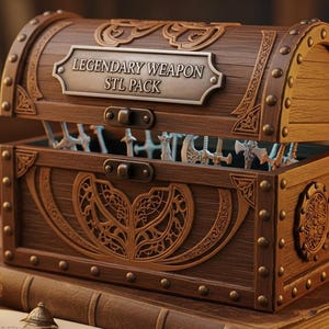 Könnte beinhalten: Eine detaillierte Holzschatztruhe mit dem Text "LEGENDARY WEAPON STL PACK" auf einer Metallplatte. Die Truhe ist geöffnet und zeigt Miniaturwaffen. Eine brennende Kerze, ein Tintenfass und eine Feder befinden sich im Vordergrund.
