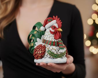 Christmas Rooster Figurine  Festive Chicken Statue  Holiday Farmhouse Decor  Merry Christmas