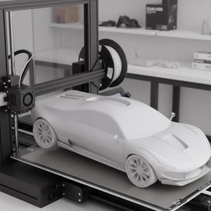 May include: A 3D printer creating a white sports car model. The printer features a black frame, a white filament spool, and a printing bed. The car model is detailed, with visible wheels and body lines. The car is approximately 40 cm in length.