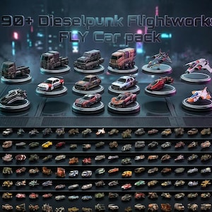Könnte beinhalten: Eine digitale Sammlung mit dem Titel 90+ Dieselpunk Flightworks FLY Car pack, die eine Vielzahl von Miniaturfahrzeugmodellen wie Lastwagen, Limousinen und Flugzeuge zeigt, die auf runden Plattformen und in Reihen angeordnet sind.