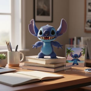 May include: A blue Stitch figurine with large ears and a toothy grin stands atop a stack of books on a wooden desk. A laptop, mug with pencils, and a small succulent plant are also on the desk. A framed picture of Stitch is visible.