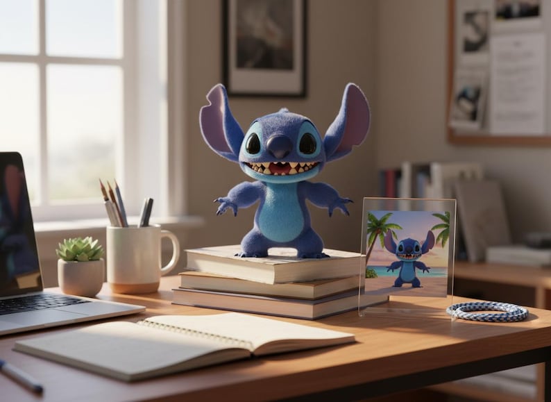 May include: A blue Stitch figurine with large ears and a toothy grin stands atop a stack of books on a wooden desk. A laptop, mug with pencils, and a small succulent plant are also on the desk. A framed picture of Stitch is visible.