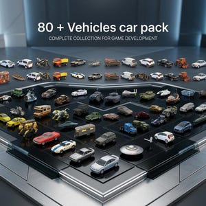 Puede incluir: Una colección de más de 80 modelos de vehículos en miniatura, incluyendo coches, camiones, motocicletas, tanques y aeronaves, dispuestos en una pantalla escalonada. El texto 80 + Vehicles car pack y COMPLETE COLLECTION FOR GAME DEVELOPMENT es visible.