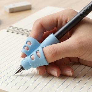 May include: A light blue ergonomic pen grip is attached to a black pen, held over a lined notebook. The pen is writing on the paper. The pen grip is designed to help with writing posture and comfort. The notebook is open on a wooden surface.