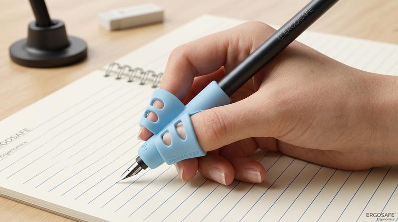 May include: A light blue ergonomic pen grip is attached to a black pen, held over a lined notebook. The pen is writing on the paper. The pen grip is designed to help with writing posture and comfort. The notebook is open on a wooden surface.