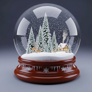May include: A snow globe featuring a winter scene with snow-covered pine trees, deer, and a cozy cabin. The clear glass globe sits on a dark brown wooden base with snowflake details. The scene is set against a gradient gray background.