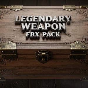 May include: A wooden chest with metal accents and the text "LEGENDARY WEAPON FBX PACK" in silver lettering. The chest has ornate carvings and a clasp, suggesting a treasure chest theme.