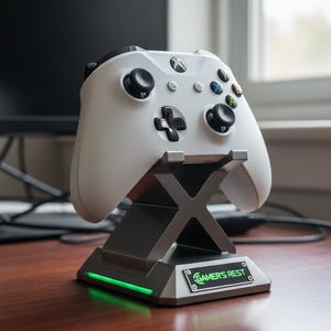 May include: A white Xbox controller rests on a silver and black stand. The stand has an X-shaped design and a green LED light. The base of the stand has the text "GAMER'S REST".
