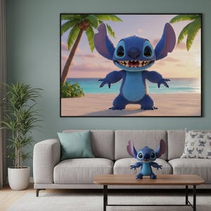 May include: A framed print of the character Stitch on a beach, with palm trees and ocean in the background. A Stitch figurine sits on a wooden coffee table in front of a gray sofa. A decorative pillow with a Stitch pattern is on the sofa.