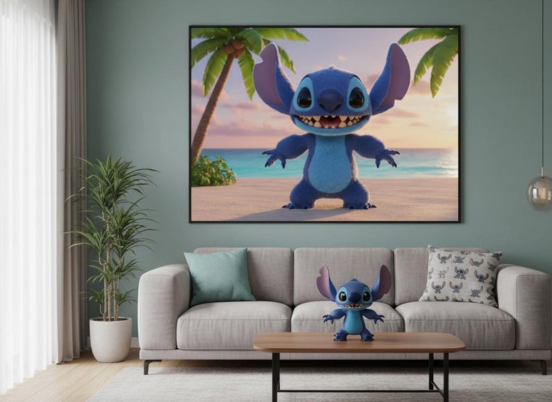 May include: A framed print of the character Stitch on a beach, with palm trees and ocean in the background. A Stitch figurine sits on a wooden coffee table in front of a gray sofa. A decorative pillow with a Stitch pattern is on the sofa.