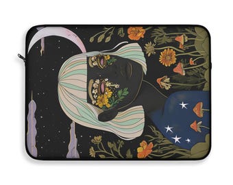 Botanische kosmische Laptophülle, Laptoptasche mit Blumenmuster, Geschenk für sie, Accessoire des Naturliebhabers
