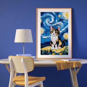 Arte mural de gato en la noche estrellada / Impresión de gato en el cielo estrellado / Decoración de pared de gato caprichosa / Descarga de arte digital impresionista para amantes de los gatos