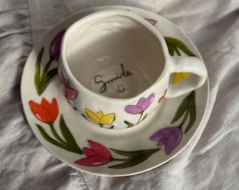 Handmade Tulip Cup and Saucer Set - Floral Ceramic Coffee Mug - Colorful Flower Pottery - Hidden Smile Message - Spring Garden Gift for Her