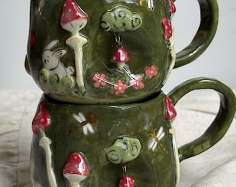 Handmade Mushroom Mug with Rabbits - Cottagecore Green Forest Pottery - Magical Woodland Coffee Cup - 22k Gold Accents - Unique Nature Gift