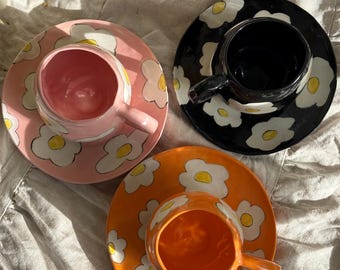 Juego de taza y plato de cerámica con margaritas pintadas a mano, taza de desayuno de cerámica de 414 ml, regalo para mamá.