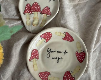 You Can Do Magic Mushroom Plate and Spoon Rest / Handmade Cottagecore Pottery / Whimsical Forest Kitchen Decor