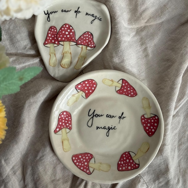 You Can Do Magic Mushroom Plate and Spoon Rest / Handmade Cottagecore Pottery / Whimsical Forest Kitchen Decor