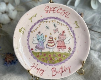 Plato de cumpleaños pintado a mano: Diseño personalizado de gato (7" o 8.6")