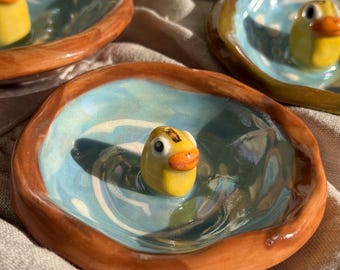 Hand-sculpted Ceramic Duck Pond Trinket Dish, Shimmering Water Jewelry Holder