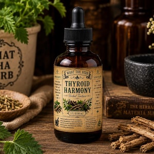 K&ouml;nnte beinhalten: Eine braune Glastropfflasche mit der Aufschrift Thyroid Harmony Herbal Tincture und einem schwarzen Verschluss. Das Etikett enth&auml;lt den Text What Tha Herb, listet Inhaltsstoffe auf und gibt 2 fl oz (60 ml) an. Die Flasche ist zentriert.