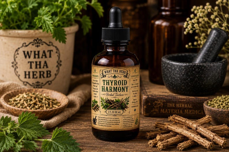 K&ouml;nnte beinhalten: Eine braune Glastropfflasche mit der Aufschrift Thyroid Harmony Herbal Tincture und einem schwarzen Verschluss. Das Etikett enth&auml;lt den Text What Tha Herb, listet Inhaltsstoffe auf und gibt 2 fl oz (60 ml) an. Die Flasche ist zentriert.