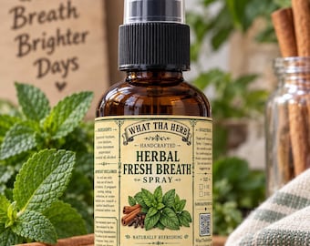 May include: An amber glass bottle of What Tha Herb Herbal Fresh Breath Spray with a black pump nozzle. The cream-colored label features green text, a mint and cinnamon illustration, and the text: What Tha Herb Handcrafted Herbal Fresh Breath Spray.
