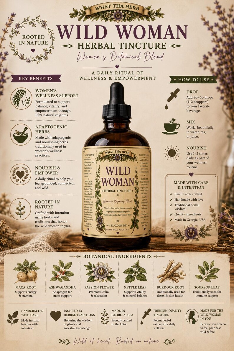 May include: A brown glass bottle of "Wild Woman" herbal tincture with a black dropper. The label includes text about women's wellness, botanical ingredients, and how to use the product. The bottle contains 4 fl oz (118 ml).