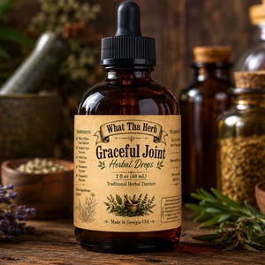 Könnte beinhalten: Eine bernsteinfarbene Glastropfflasche mit dem Etikett What Tha Herb Graceful Joint Herbal Drops, 60 ml. Das beige Etikett zeigt schwarzen Text, eine Mörser- und Stößel-Illustration sowie eine Zutatenliste mit weißer Weidenrinde.