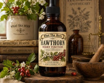 Könnte beinhalten: Eine dunkelbraune Glasflasche mit schwarzem Tropfverschluss und einem cremefarbenen Etikett mit der Aufschrift What Tha Herb HAWTHORN BERRY TINCTURE, 120 ml, MADE IN GEORGIA, USA, sowie einer Abbildung von Weißdornbeeren und weißen Blüten.
