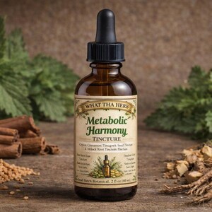 Könnte beinhalten: Eine braune Glasflasche "Metabolic Harmony Tincture" mit einer schwarzen Pipette, umgeben von Zimtstangen, Kräutern und Wurzeln. Das Etikett lautet "What Tha Herb" und listet die Inhaltsstoffe auf. Die Flasche enthält 60 ml.
