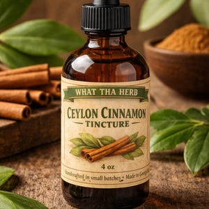May include: A brown glass bottle of Ceylon Cinnamon Tincture with a black dropper. The label reads "What Tha Herb Ceylon Cinnamon Tincture" with an illustration of cinnamon sticks. The bottle is 4 oz. and is surrounded by cinnamon sticks and green leaves.