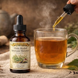 K&ouml;nnte beinhalten: Eine braune Glasflasche mit Daily Herbal Immune Balance Tinktur neben einer klaren Glas-Teetasse. Eine Pipette gibt die Tinktur in den Tee ab. Das Etikett listet Zutaten wie Brennnessel, Moringa und Schwarzk&uuml;mmel auf.
