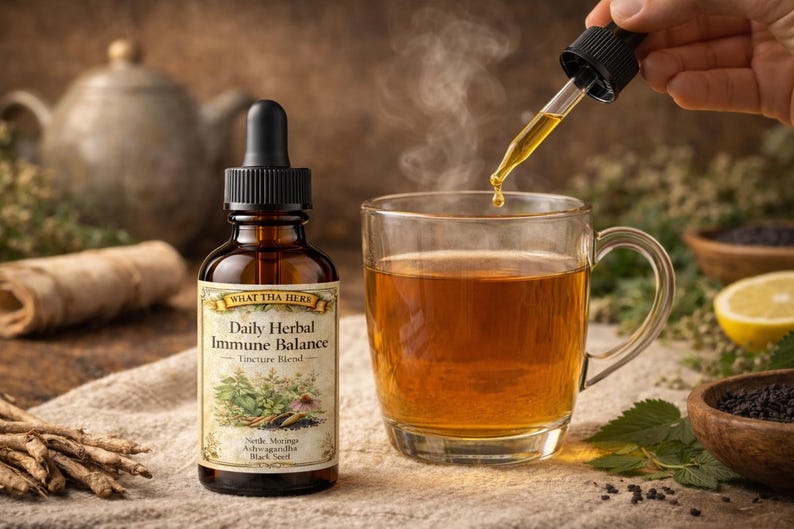 K&ouml;nnte beinhalten: Eine braune Glasflasche mit Daily Herbal Immune Balance Tinktur neben einer klaren Glas-Teetasse. Eine Pipette gibt die Tinktur in den Tee ab. Das Etikett listet Zutaten wie Brennnessel, Moringa und Schwarzk&uuml;mmel auf.