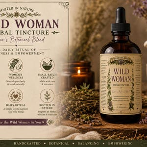 May include: A brown glass bottle of "Wild Woman Herbal Tincture" with a black dropper. The label features botanical illustrations and text, including "Women's Botanical Blend." The image includes herbs, a mortar and pestle, and a candle.