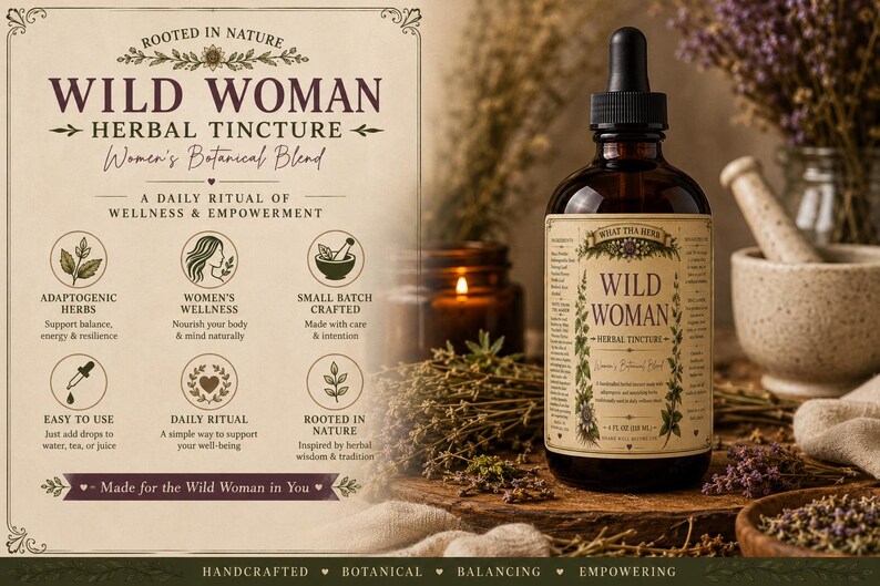 May include: A brown glass bottle of "Wild Woman Herbal Tincture" with a black dropper. The label features botanical illustrations and text, including "Women's Botanical Blend." The image includes herbs, a mortar and pestle, and a candle.