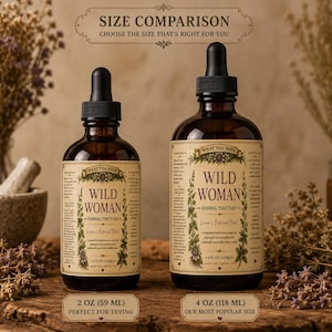 May include: Two brown glass bottles of "Wild Woman Herbal Tincture" with black droppers. The bottles are labeled with text and botanical illustrations. The image includes the text "Size Comparison" and measurements of 2 oz (59 ml) and 4 oz (118 ml).