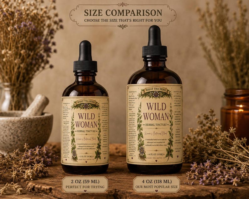 May include: Two brown glass bottles of "Wild Woman Herbal Tincture" with black droppers. The bottles are labeled with text and botanical illustrations. The image includes the text "Size Comparison" and measurements of 2 oz (59 ml) and 4 oz (118 ml).