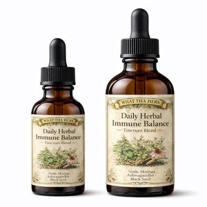 K&ouml;nnte beinhalten: Zwei braune Glasflaschen mit schwarzen Tropfern. Die Flaschen sind mit "Daily Herbal Immune Balance - Tincture Blend" beschriftet, mit botanischen Illustrationen und dem Text "What Tha Here". Zu den Inhaltsstoffen geh&ouml;ren Nettle, Moringa, Ashwagandha und Black Seed.