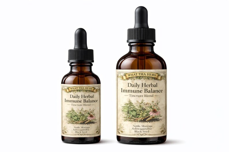 K&ouml;nnte beinhalten: Zwei braune Glasflaschen mit schwarzen Tropfern. Die Flaschen sind mit "Daily Herbal Immune Balance - Tincture Blend" beschriftet, mit botanischen Illustrationen und dem Text "What Tha Here". Zu den Inhaltsstoffen geh&ouml;ren Nettle, Moringa, Ashwagandha und Black Seed.