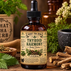 K&ouml;nnte beinhalten: Eine braune Glastropfflasche mit der Aufschrift Thyroid Harmony Herbal Tincture und einem schwarzen Verschluss. Das Etikett zeigt den Text What Tha Herb, listet Inhaltsstoffe wie S&uuml;&szlig;holzwurzel und Ashwagandha auf und nennt 60 ml.