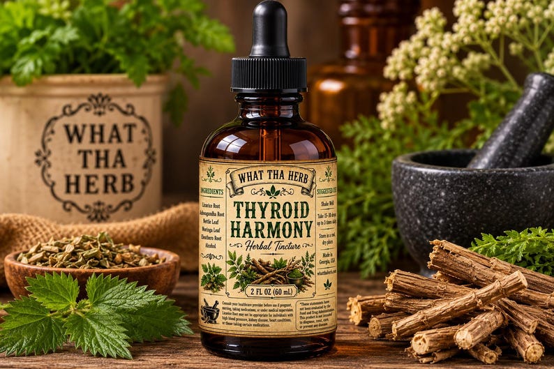 K&ouml;nnte beinhalten: Eine braune Glastropfflasche mit der Aufschrift Thyroid Harmony Herbal Tincture und einem schwarzen Verschluss. Das Etikett zeigt den Text What Tha Herb, listet Inhaltsstoffe wie S&uuml;&szlig;holzwurzel und Ashwagandha auf und nennt 60 ml.