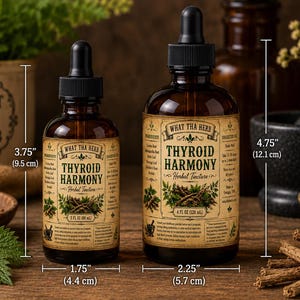 K&ouml;nnte beinhalten: Zwei braune Glastropfflaschen mit dem Etikett Thyroid Harmony Herbal Tincture. Die kleinere Flasche ist 9,5 cm hoch und 4,4 cm breit. Die gr&ouml;&szlig;ere Flasche ist 12,1 cm hoch und 5,7 cm breit. Beide haben schwarze Tropfverschl&uuml;sse.