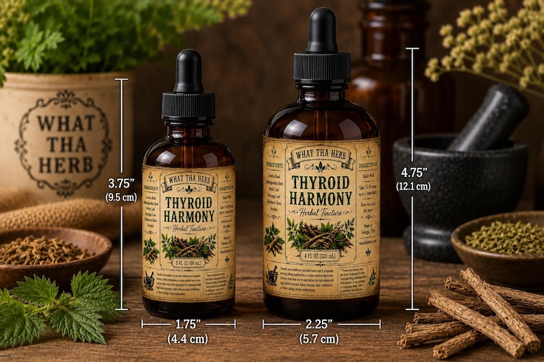 K&ouml;nnte beinhalten: Zwei braune Glastropfflaschen mit dem Etikett Thyroid Harmony Herbal Tincture. Die kleinere Flasche ist 9,5 cm hoch und 4,4 cm breit. Die gr&ouml;&szlig;ere Flasche ist 12,1 cm hoch und 5,7 cm breit. Beide haben schwarze Tropfverschl&uuml;sse.