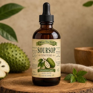 May include: A brown glass bottle with a black dropper cap containing soursop tincture. The label features the text What Tha Herb, Soursop Tincture, Traditional Herbal Support, and 4 FL OZ (118 ML) with an illustration of a soursop fruit.