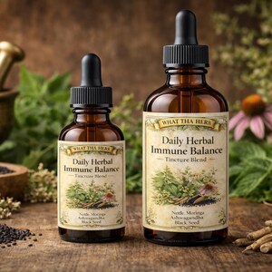 K&ouml;nnte beinhalten: Zwei braune Glasflaschen mit schwarzen Tropfern, beschriftet mit "Daily Herbal Immune Balance". Die Etiketten zeigen botanische Illustrationen und den Text "WHAT THA HERS". Zutaten sind Nettle, Moringa, Ashwagandha und Schwarzk&uuml;mmel. Auf Holz.
