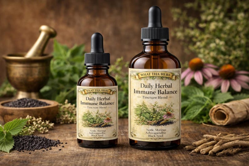 K&ouml;nnte beinhalten: Zwei braune Glasflaschen mit schwarzen Tropfern, beschriftet mit "Daily Herbal Immune Balance". Die Etiketten zeigen botanische Illustrationen und den Text "WHAT THA HERS". Zutaten sind Nettle, Moringa, Ashwagandha und Schwarzk&uuml;mmel. Auf Holz.